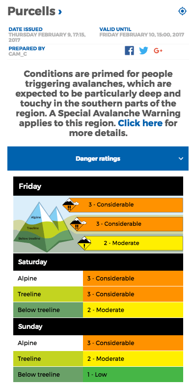 Avalanche.ca forecast for the Purcells on Feb 9, 2017