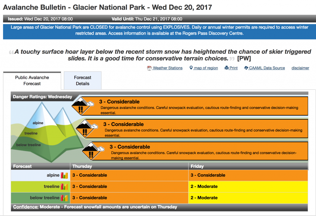 Avalanche conditions for Glacier National park. 