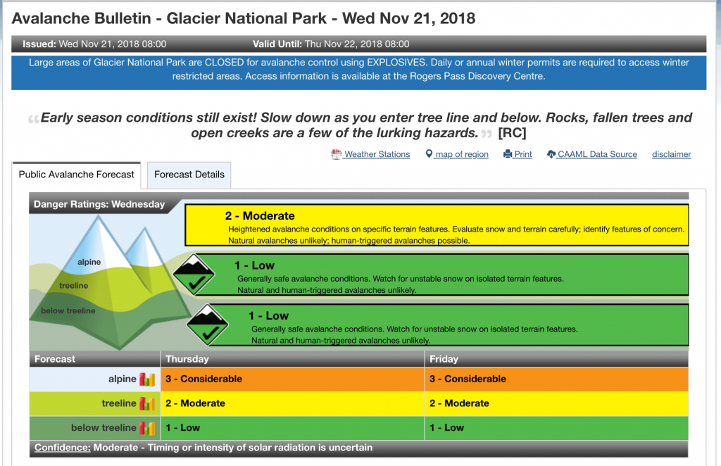 Screen shot of Glacier National Park Avalanche Bulletin on Nov 21, 2018